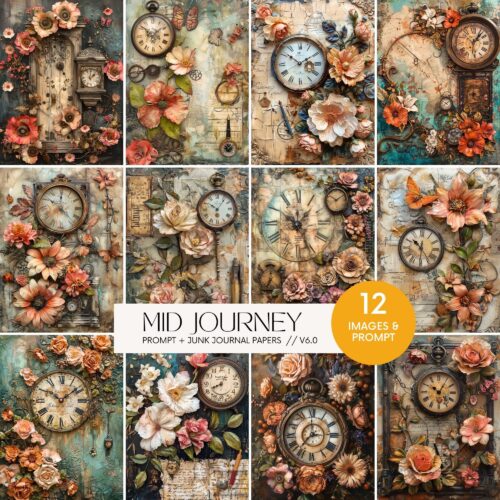 AI Midjourney Prompts Floral Time Machine Capsule Junk Journal Papers, Clock Flower Art Colourful Illustrations Images Scrapbooking