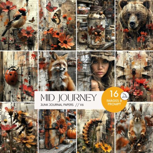 AI Midjourney Prompts Autumn Fall Woodland Illustrations Junk Journal Papers, Forest Animals Scrapbooking Art Images & Guide v6