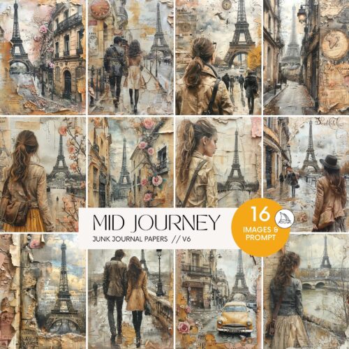 Paris Travel Junk Journal Papers Midjourney AI Prompts Abstract Scrapbookking Artwork Design