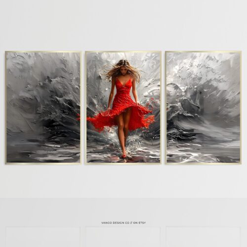 Woman in Red Dress 3 Piece Wall Art Triptych Set