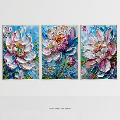 Impasto Peony Bloom Floral Wall Art Set