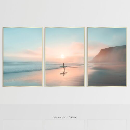 Sunrise Beach Surfer Wall Art Set Coastal Ocean Set of 3