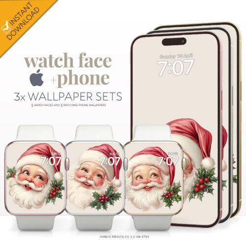 Vintage Retro Santa Watch Face & Wallpaper Set