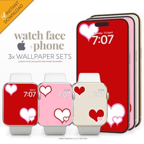 Pink & Red Love Heart Watch Face & Wallpaper Set