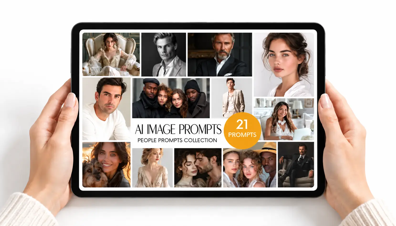 AI Image Prompts people collection displayed on a tablet held in two hands