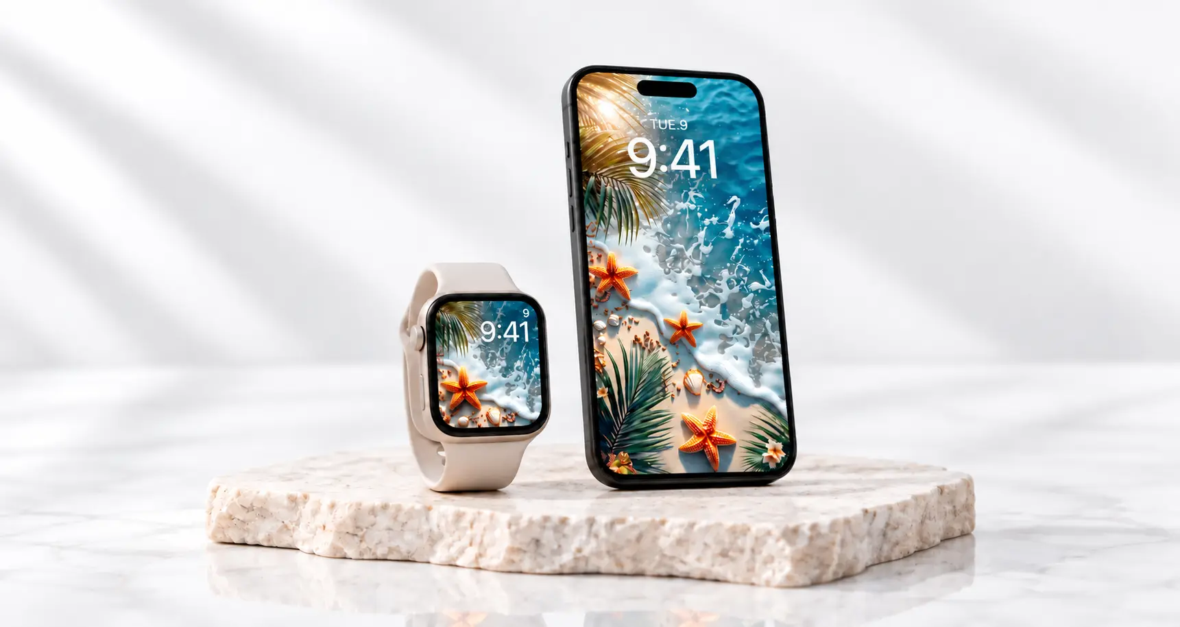 Matching beach wallpaper on a phone and Apple Watch, both showing 9:41