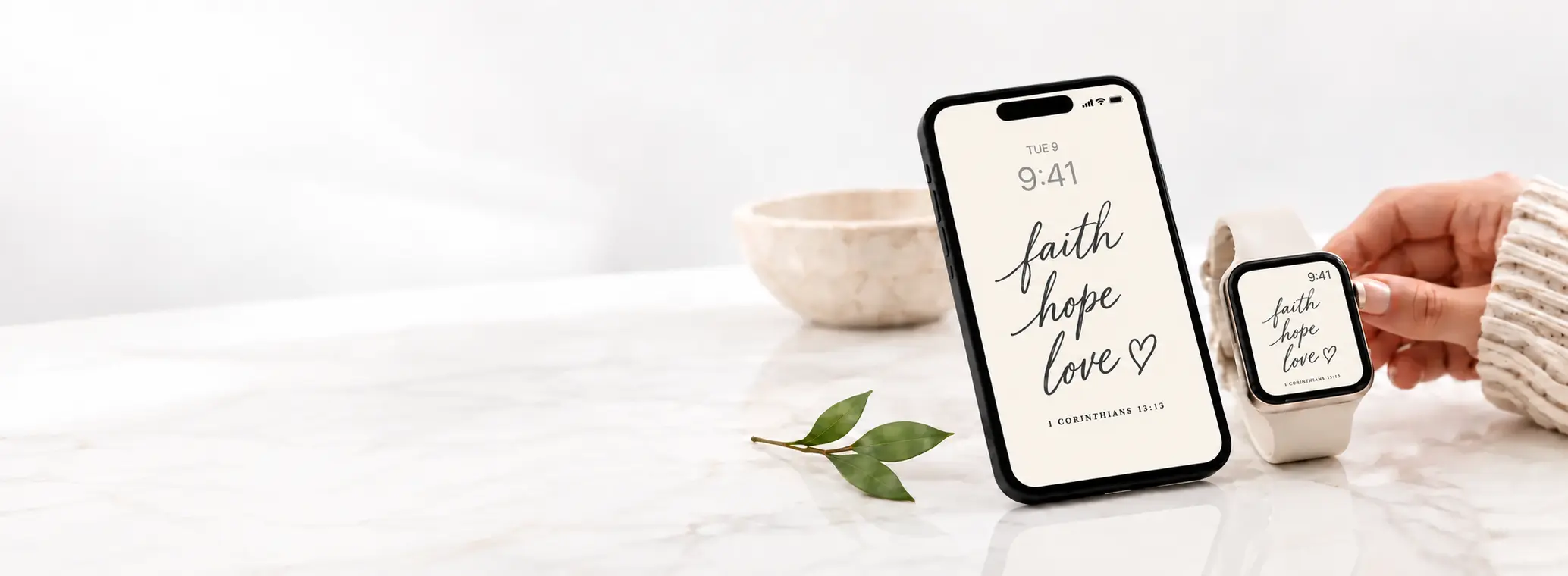Faith, hope and love wallpapers on phone and Apple Watch, both showing 9:41