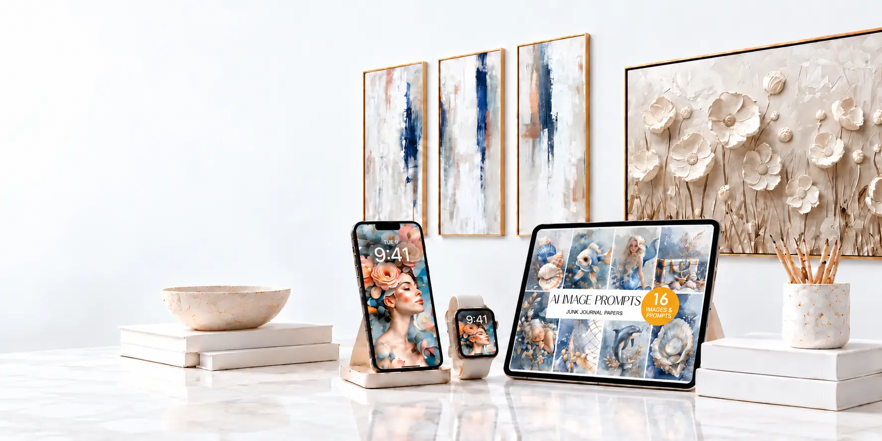Vanco wall art, Frame TV, matching phone and watch, and AI image prompts