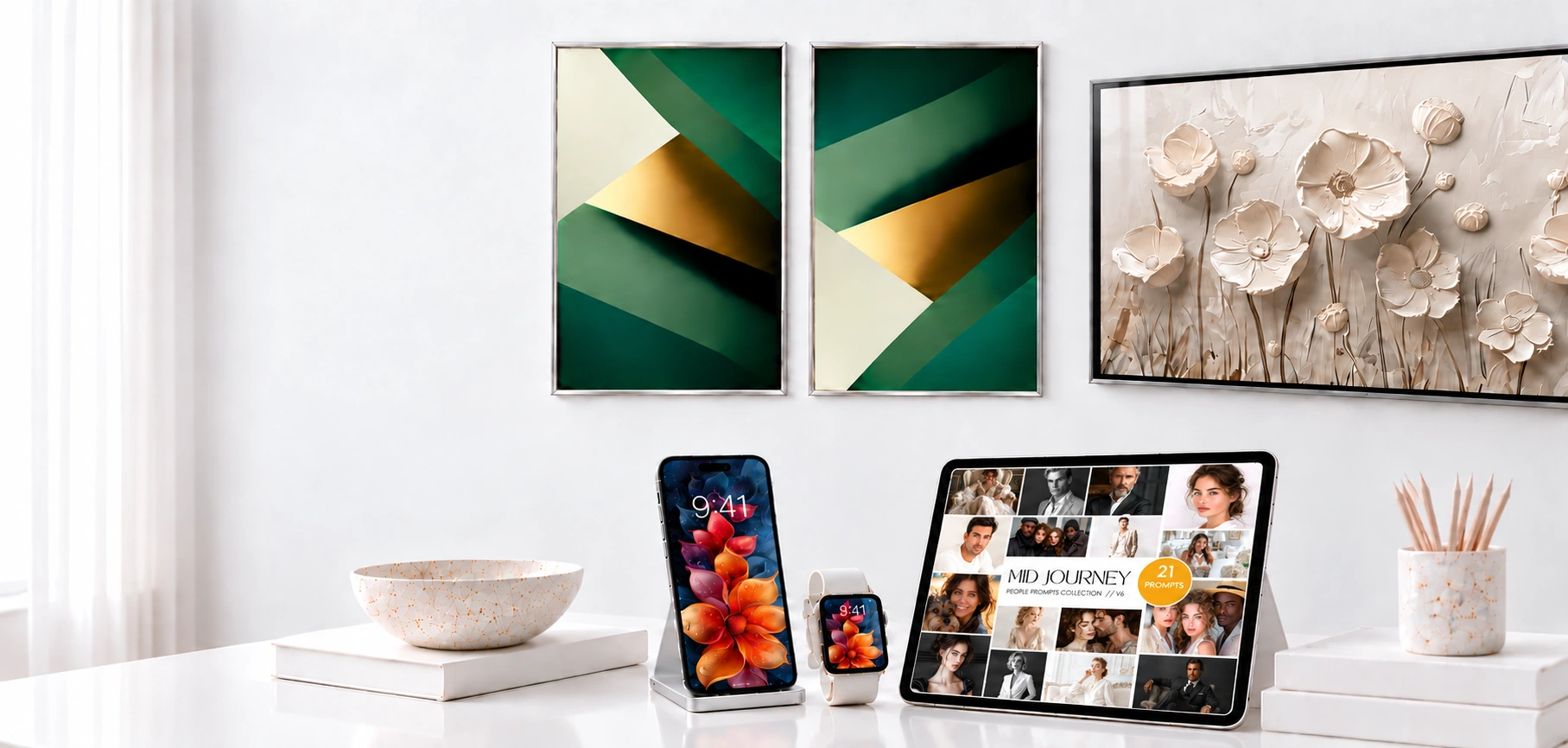 Vanco wall art, Frame TV, matching phone and watch, and AI image prompts