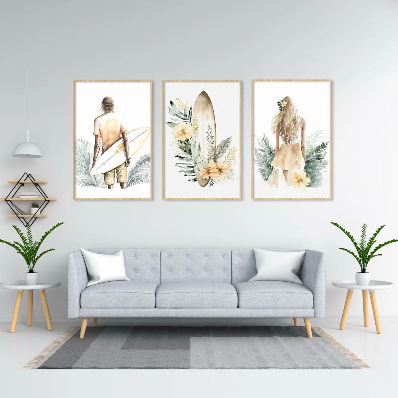 Boho Surf Girl Wall Art Triptych — Bright Lounge Three boho beach prints featuring surfers, a surfboard and tropical leaves above a grey sofa.
