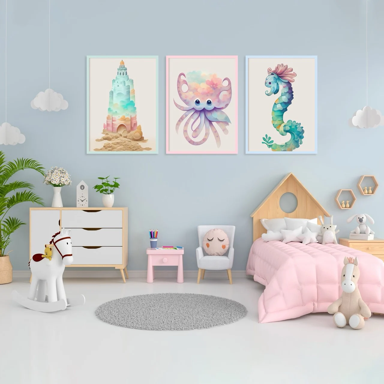 Pastel sandcastle, octopus and seahorse prints on a blue wall above a pink child's bed.