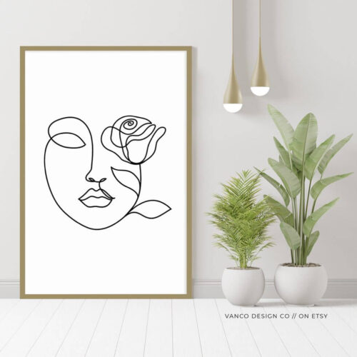 Line Art Drawing Face Rose Wall Art